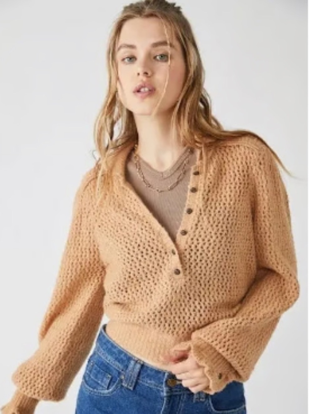 Free People Snowdrift Pullover V-Neck Henley Sweater In Camel Heather